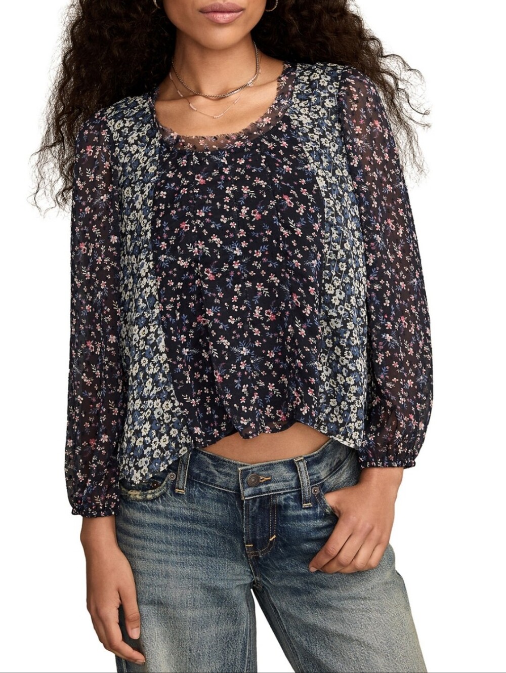 LYCKY Brand Women's Navy Floral Peasant Blouse